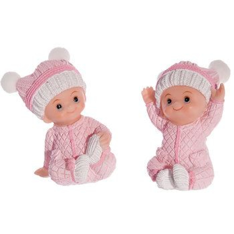 beeldje baby zittend met roze bolletjesmuts