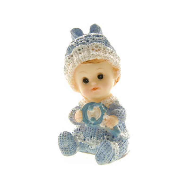 beeldje baby met muts zittend 8cm blauw