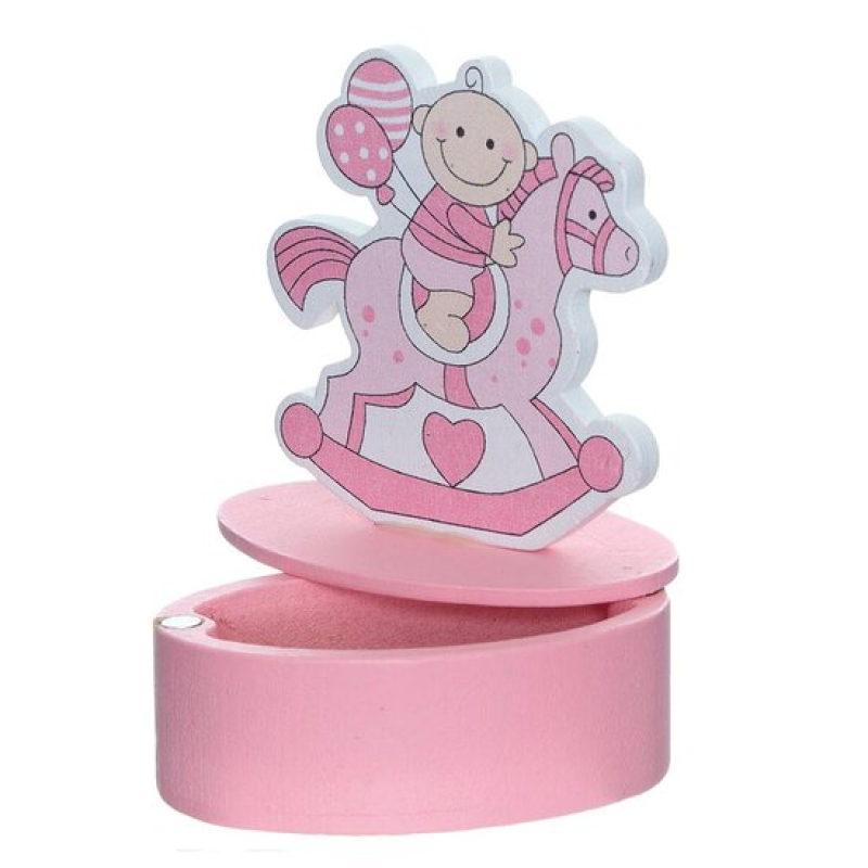roze doosje met baby op hobbelpaard