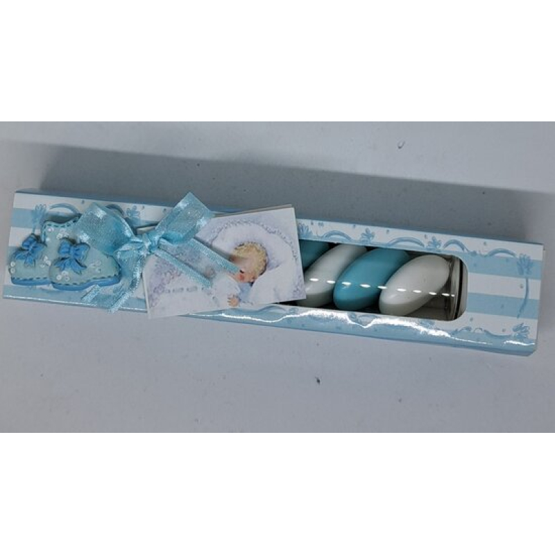 Glazen buisje in roze of blauw doosje met dragees