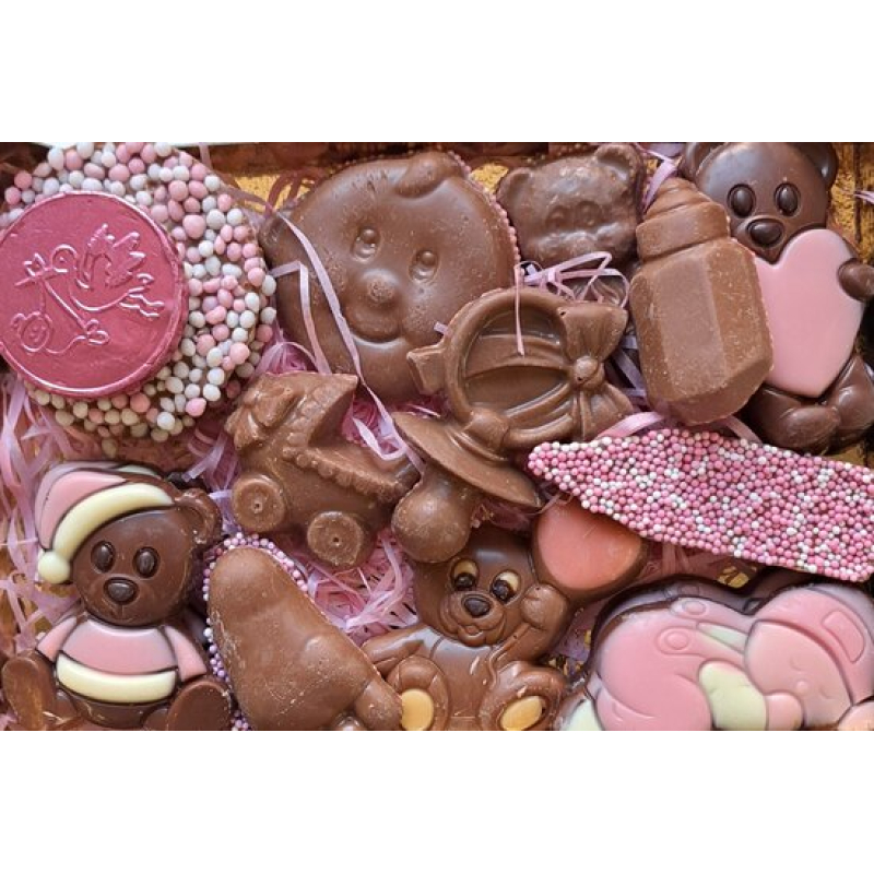 assortimentsdoosje chocolade babyshower-geboorte in roze of blauw