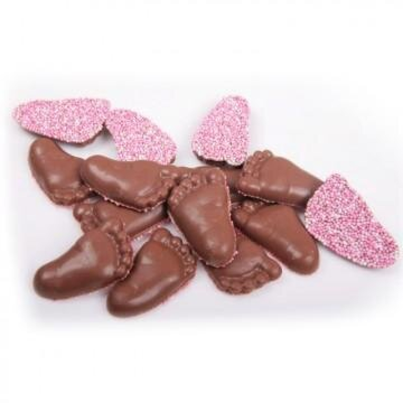 12 chocolade babyvoetjes met musket in roze of blauw